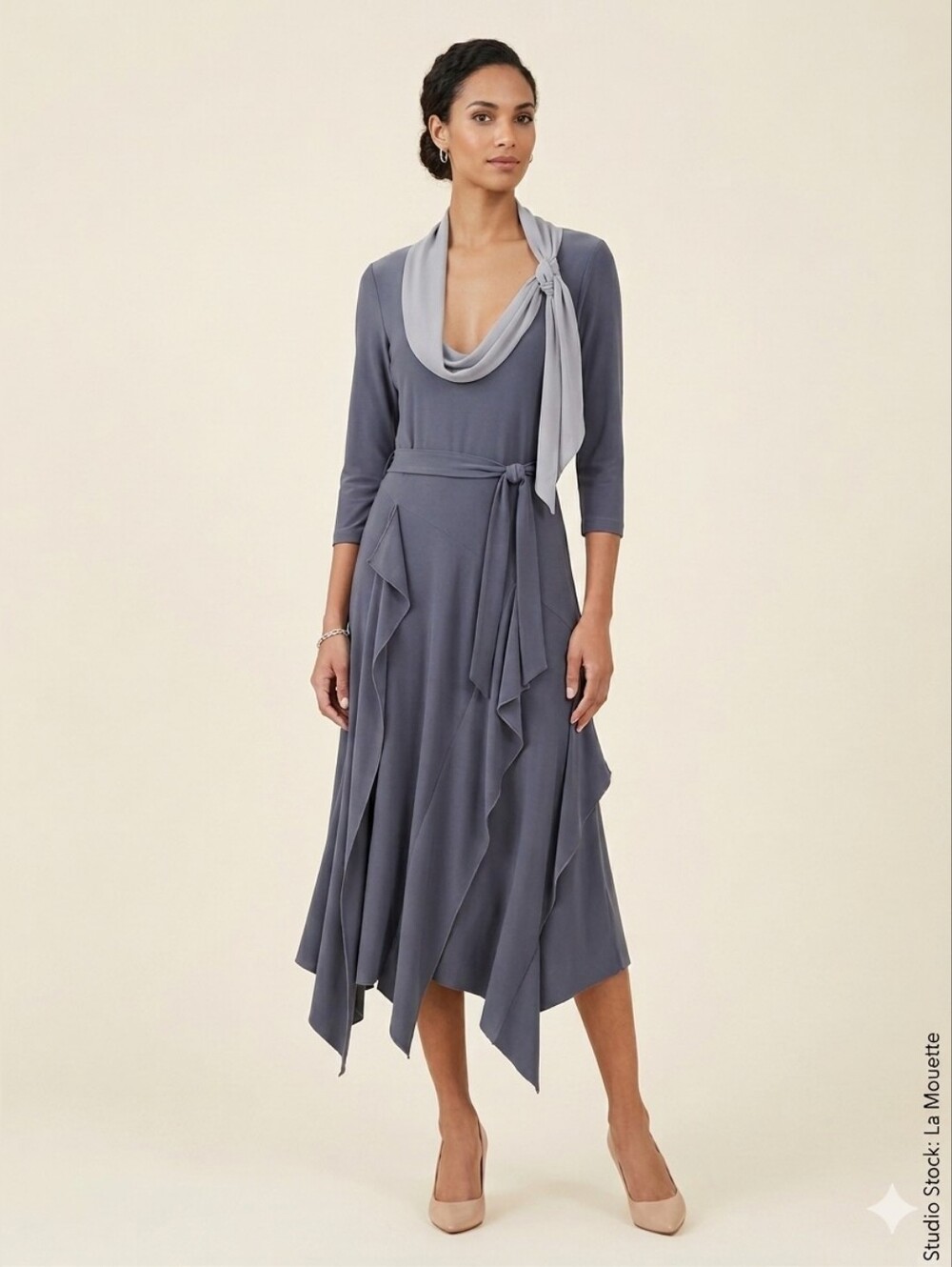 La Mouette Grey Asymmetric Ruffle Midi Dress Scarf Size 2 Fits US 16